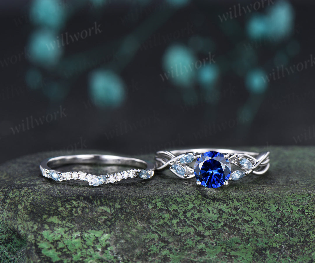 Round Cut Sapphire Engagement Ring Set Twisted Marquise Aquamarine Ring Wave Moissanite Stacking Ring Unique Bridal Set