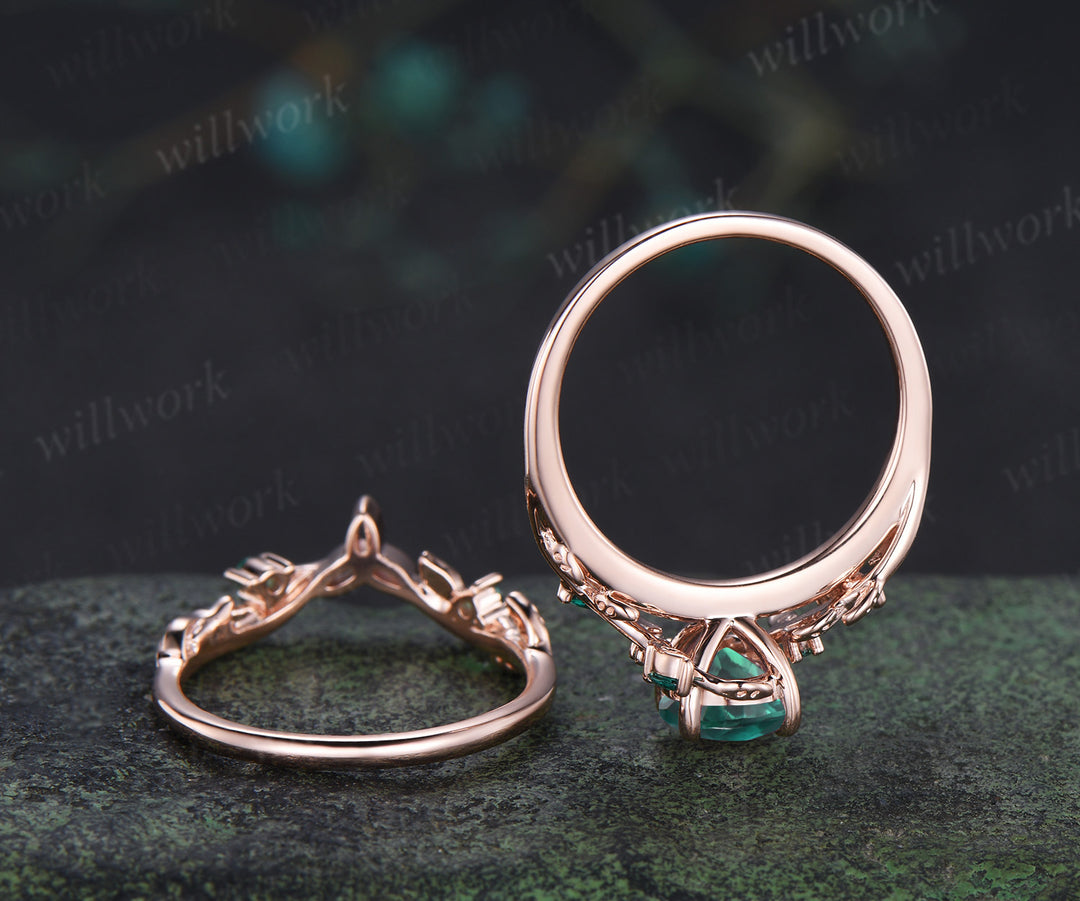 Round emerald engagement ring set marquise emerald twig ring celtic knot wedding band nature inspired bridal set