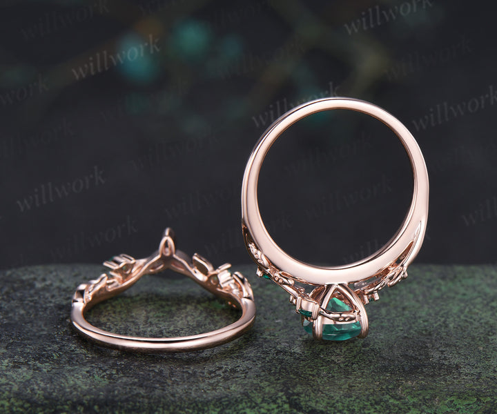 Round emerald engagement ring set marquise emerald twig ring celtic knot wedding band nature inspired bridal set