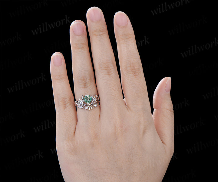 Vintage Heart Moss Agate Engagement Ring Twig Leaf Nature inspired Moon Diamond Celtic knot Wedding Ring Set