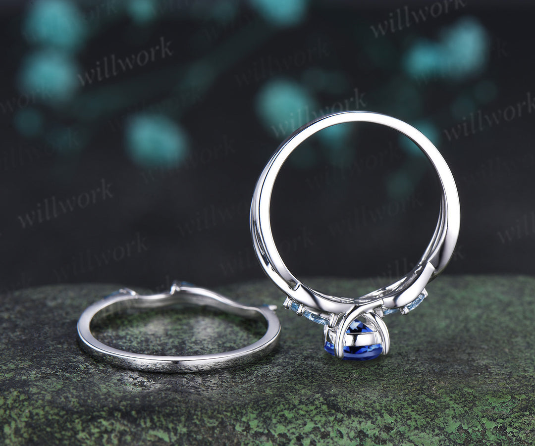 Round Cut Sapphire Engagement Ring Set Twisted Marquise Aquamarine Ring Wave Moissanite Stacking Ring Unique Bridal Set