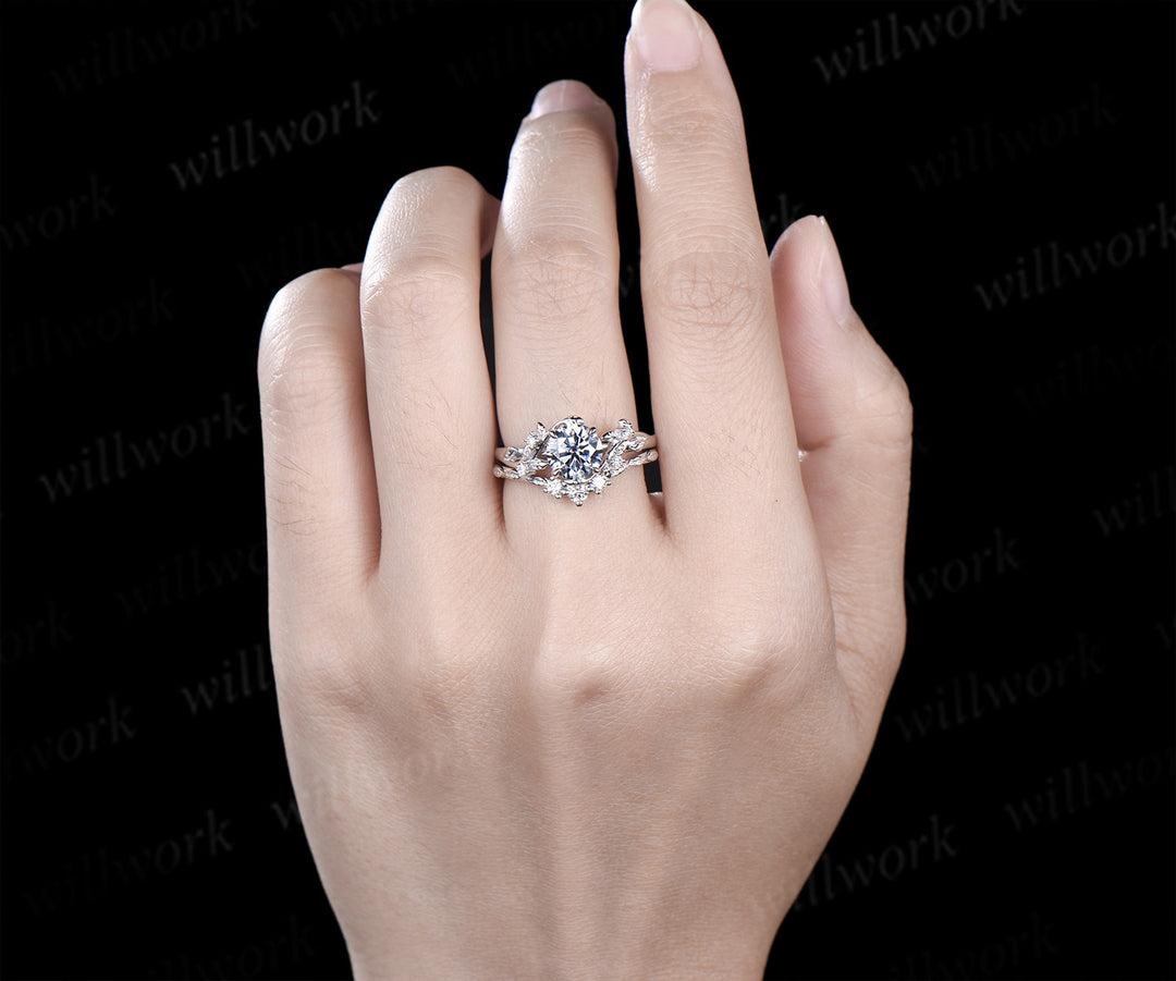 Round cut gray moissanite ring set nature inspired leaf moissanite ring matching wedding band unique bridal set jewelry gifts