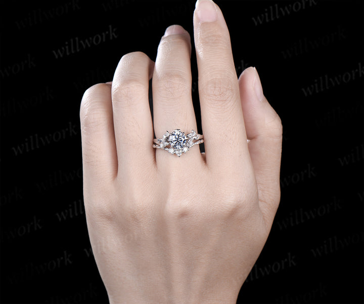 Round cut gray moissanite ring set nature inspired leaf moissanite ring matching wedding band unique bridal set jewelry gifts