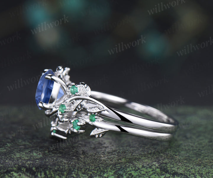 Round Firework cornflower blue sapphire ring set natural emeralds leaf twig ring celtic knot wedding band unique bridal set