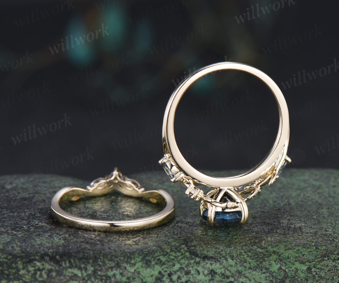 Nature inspired round London blue topaz ring set leaf twig alexandrite ring moonstone moissanite wave band bridal set