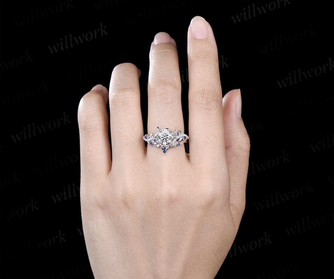 Round brilliant cut lab grown diamond leaf engagement ring set solid 14k white gold floral twig sapphire diamond promise ring unique bridal set