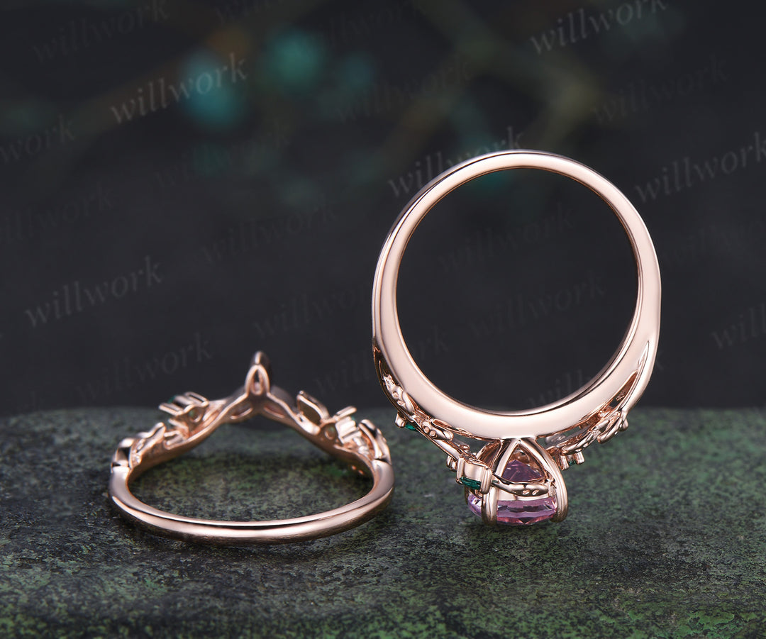 Round lavender amethyst engagement ring set marquise emerald twig ring celtic knot wedding band nature inspired bridal set