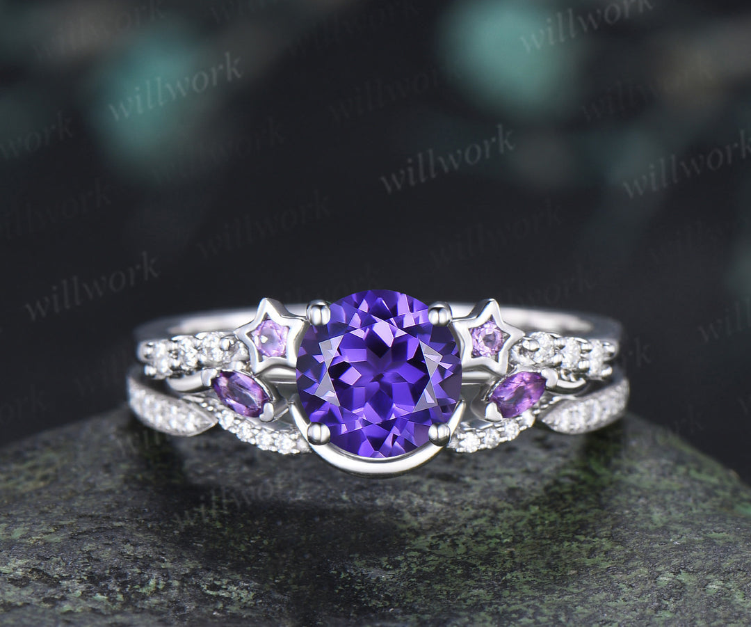 Round Cut Purple Sapphire Ring Set Art Deco Amethyst Star Moissanite Accent Promise Ring Moon Wave Wedding Band Unique Bridal Set