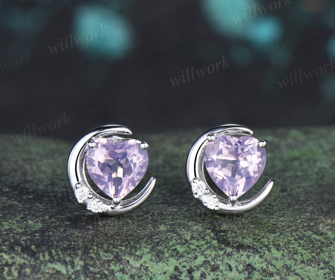 Heart shaped natural lavender amethyst moon earrings necklace set moissanite cluster natural crystal jewelry bridal set gift for her