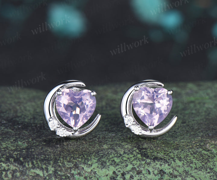 Heart shaped natural lavender amethyst moon earrings necklace set moissanite cluster natural crystal jewelry bridal set gift for her