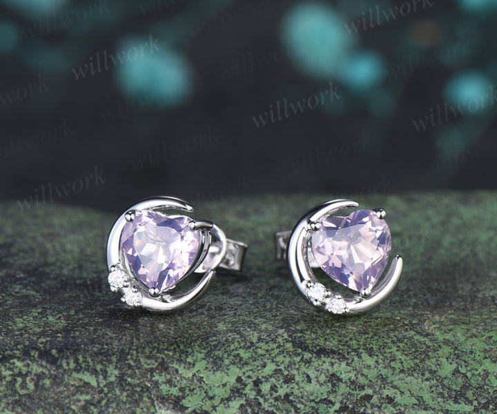 Heart shaped natural lavender amethyst moon earrings necklace set moissanite cluster natural crystal jewelry bridal set gift for her
