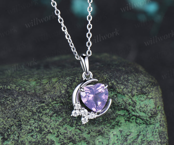 Heart shaped natural lavender amethyst moon earrings necklace set moissanite cluster natural crystal jewelry bridal set gift for her
