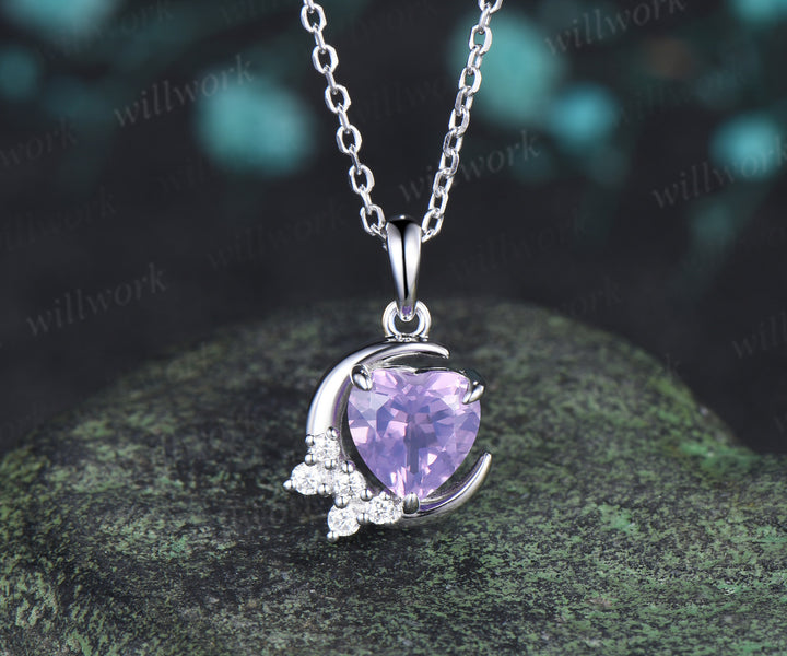 Heart shaped natural lavender amethyst moon earrings necklace set moissanite cluster natural crystal jewelry bridal set gift for her