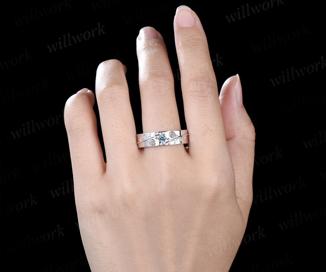 Vintage Round Alexandrite Leaf Bridal Ring Set & Leaf Vine Floral Engraved Alexandrite Men Wedding Ring Enchanted Couple Ring Set