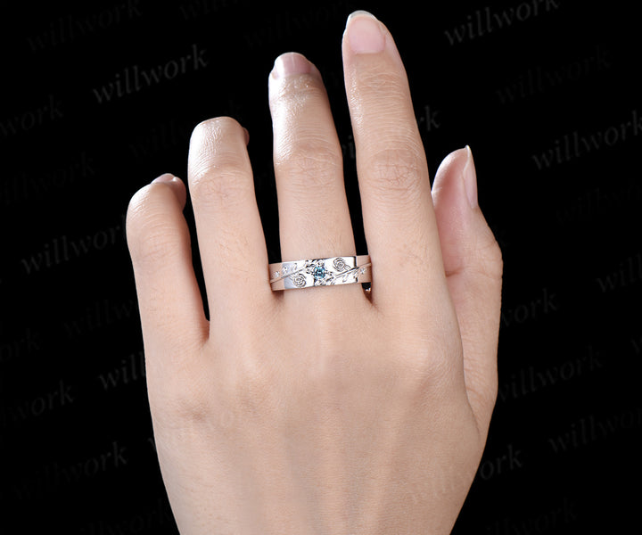 Vintage Round Alexandrite Leaf Bridal Ring Set & Leaf Vine Floral Engraved Alexandrite Men Wedding Ring Enchanted Couple Ring Set