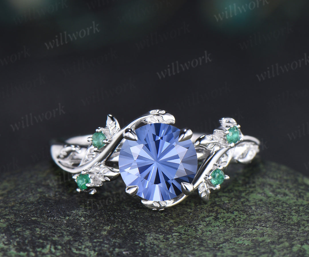 Round Firework cornflower blue sapphire ring set natural emeralds leaf twig ring celtic knot wedding band unique bridal set