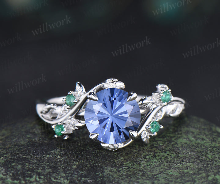 Round Firework cornflower blue sapphire ring set natural emeralds leaf twig ring celtic knot wedding band unique bridal set