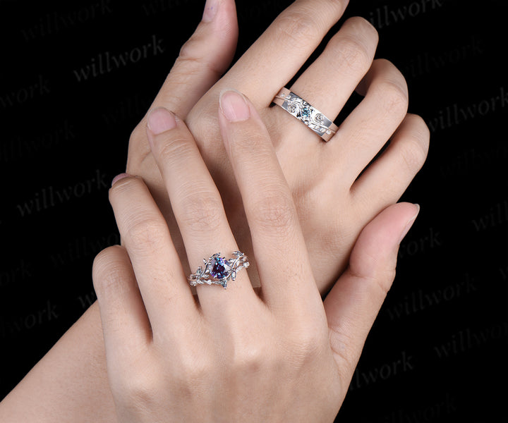 Vintage Round Alexandrite Leaf Bridal Ring Set & Leaf Vine Floral Engraved Alexandrite Men Wedding Ring Enchanted Couple Ring Set