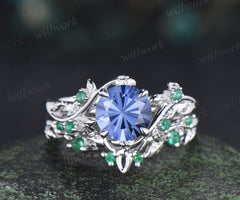 Round Firework cornflower blue sapphire ring set natural emeralds leaf twig ring celtic knot wedding band unique bridal set