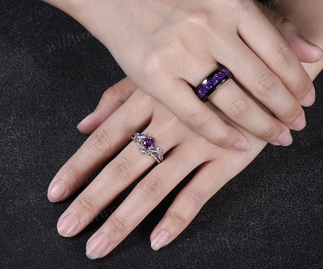 Twig Leaf Celestial Moon Round Amethsyt Bridal Set & Tungsten Amethyst Men Wedding Band Enchanting Couple Ring Set