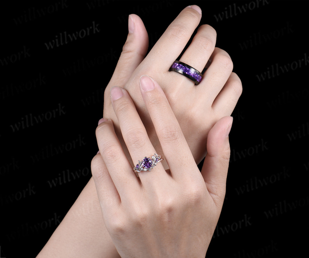 Twig Leaf Celestial Moon Round Amethsyt Bridal Set & Tungsten Amethyst Men Wedding Band Enchanting Couple Ring Set