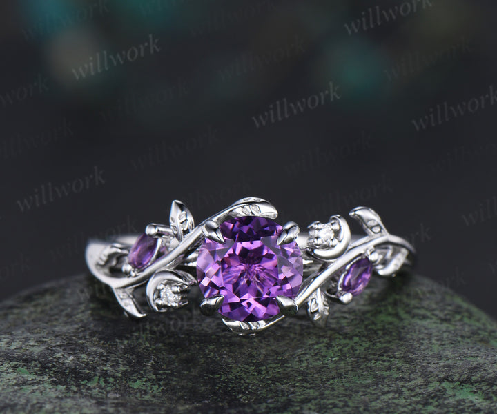 1ct round cut natural amethyst engagement ring set unique moon leaves vines ring promise bridal set gifts for her