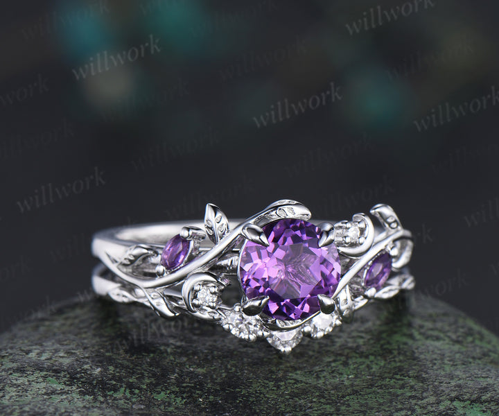 1ct round cut natural amethyst engagement ring set unique moon leaves vines ring promise bridal set gifts for her