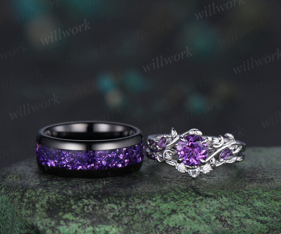 Twig Leaf Celestial Moon Round Amethsyt Bridal Set & Tungsten Amethyst Men Wedding Band Enchanting Couple Ring Set
