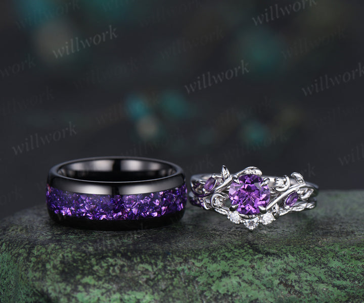 Twig Leaf Celestial Moon Round Amethsyt Bridal Set & Tungsten Amethyst Men Wedding Band Enchanting Couple Ring Set