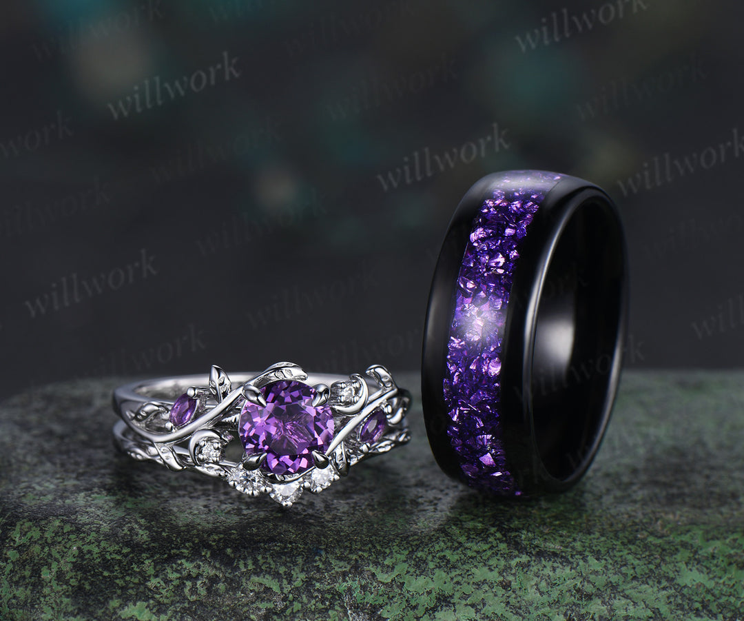 Twig Leaf Celestial Moon Round Amethsyt Bridal Set & Tungsten Amethyst Men Wedding Band Enchanting Couple Ring Set
