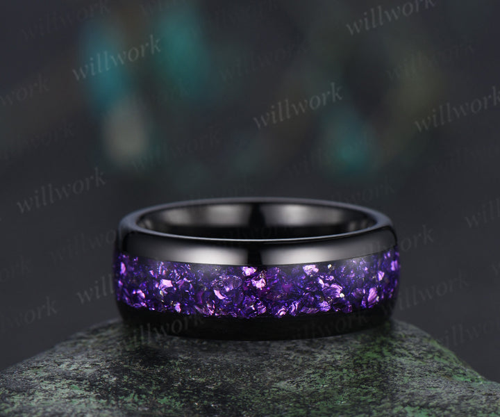 Twig Leaf Celestial Moon Round Amethsyt Bridal Set & Tungsten Amethyst Men Wedding Band Enchanting Couple Ring Set