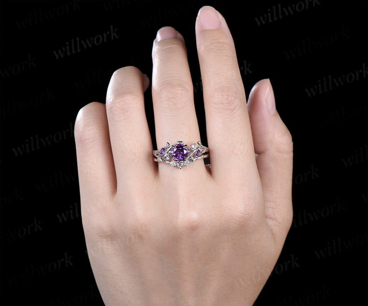 Twig Leaf Celestial Moon Round Amethsyt Bridal Set & Tungsten Amethyst Men Wedding Band Enchanting Couple Ring Set