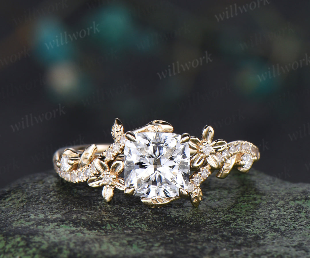 Cushion cut lab grown diamond engagement ring set leaf flower twig ring unique art deco moon floral wedding band nature inspired bridal set