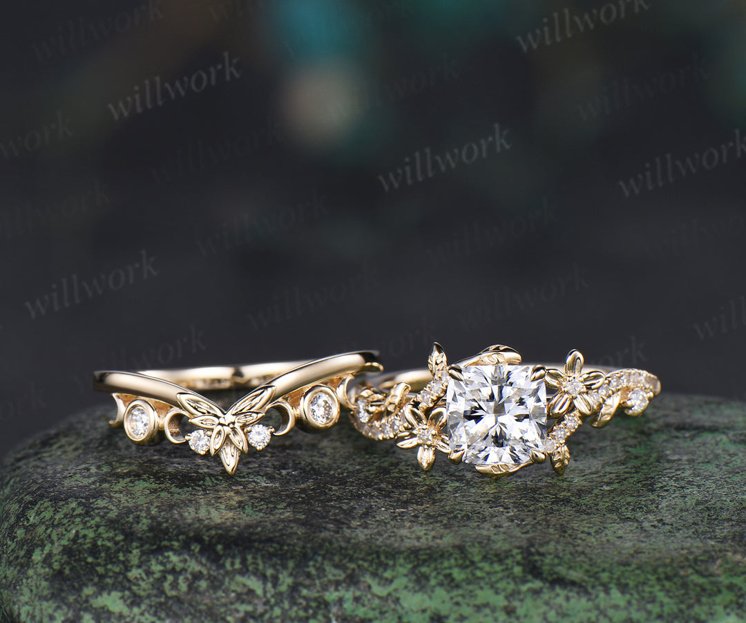Cushion cut lab grown diamond engagement ring set leaf flower twig ring unique art deco moon floral wedding band nature inspired bridal set