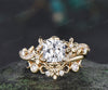 Cushion cut lab grown diamond engagement ring set leaf flower twig ring unique art deco moon floral wedding band nature inspired bridal set