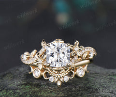 Cushion cut IGI lab grown diamond engagement ring set leaf flower twig ring unique art deco moon floral wedding band nature inspired bridal set