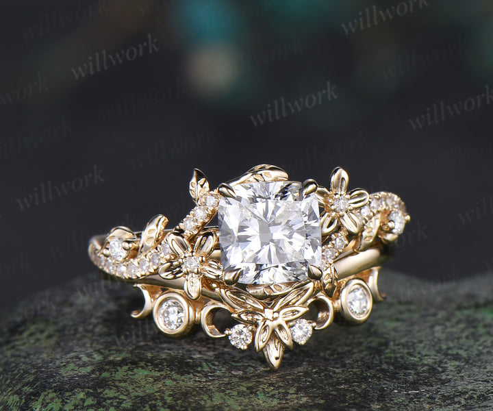 Cushion cut lab grown diamond engagement ring set leaf flower twig ring unique art deco moon floral wedding band nature inspired bridal set