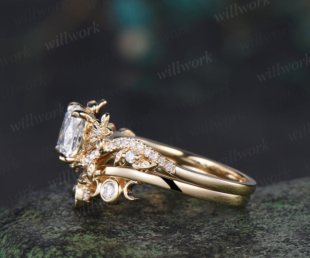 Cushion cut lab grown diamond engagement ring set leaf flower twig ring unique art deco moon floral wedding band nature inspired bridal set