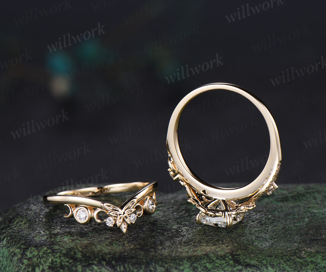 Cushion cut lab grown diamond engagement ring set leaf flower twig ring unique art deco moon floral wedding band nature inspired bridal set