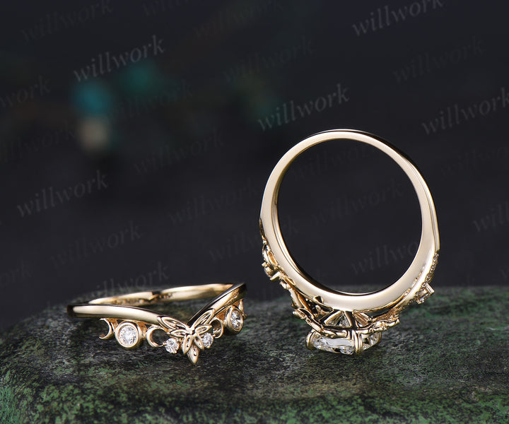 Cushion cut lab grown diamond engagement ring set leaf flower twig ring unique art deco moon floral wedding band nature inspired bridal set