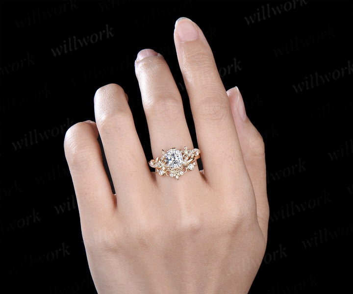 Cushion cut lab grown diamond engagement ring set leaf flower twig ring unique art deco moon floral wedding band nature inspired bridal set