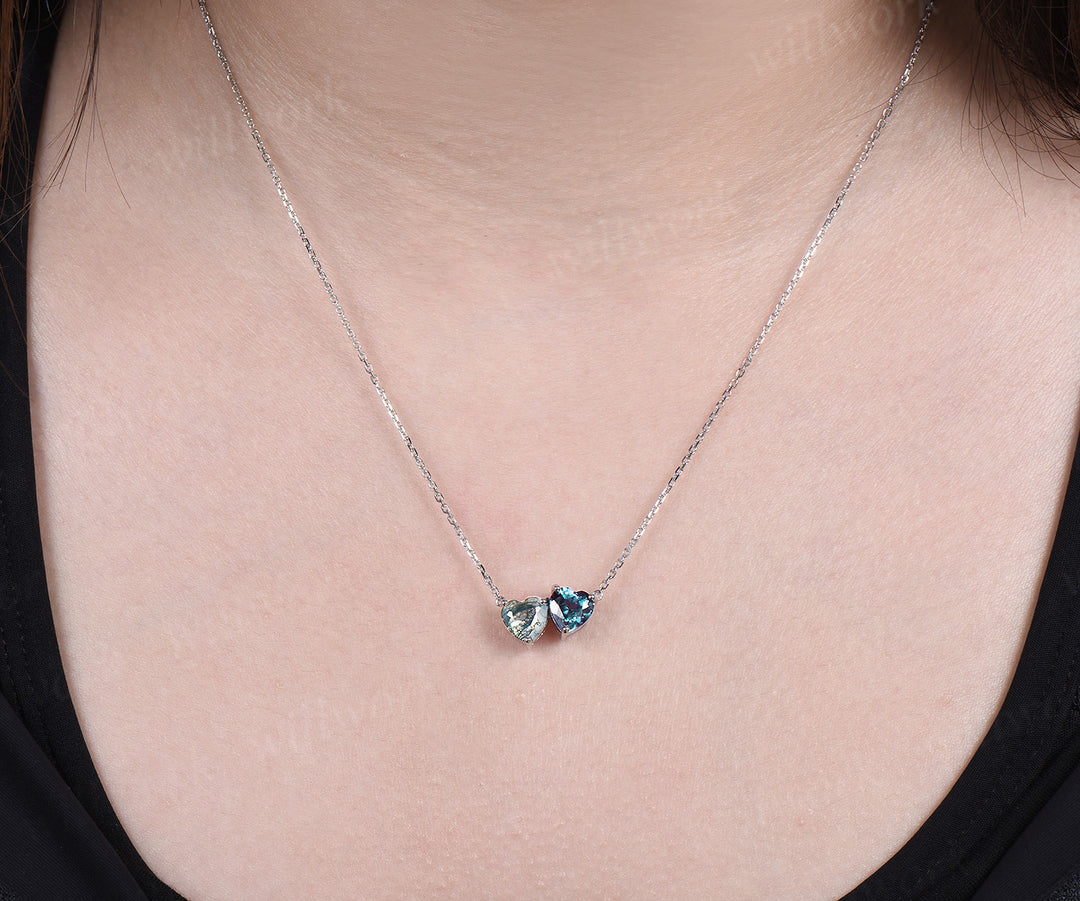 Heart cut moss agate & alexandrite Toi et Moi pendant necklace minimalist two stones pendant wedding anniversary gifts