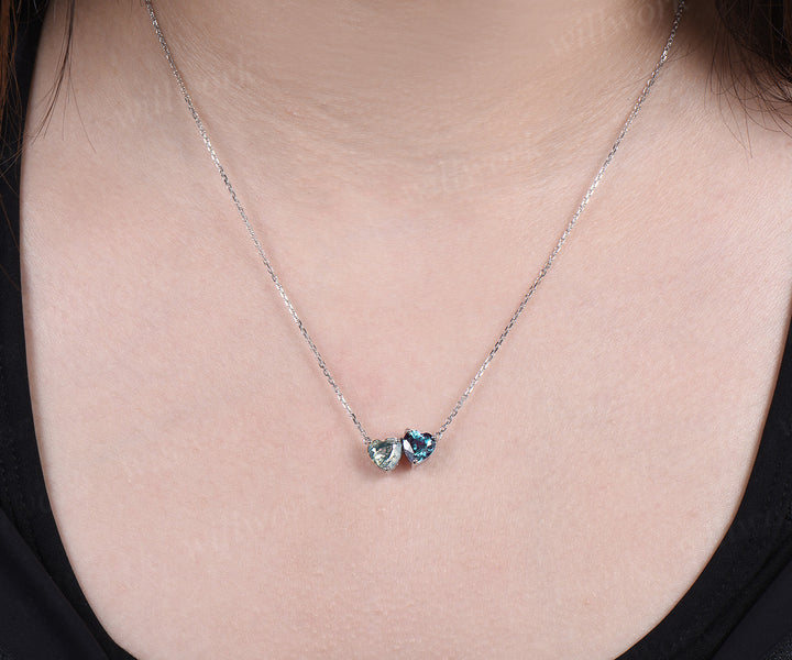 Heart cut moss agate & alexandrite Toi et Moi pendant necklace minimalist two stones pendant wedding anniversary gifts