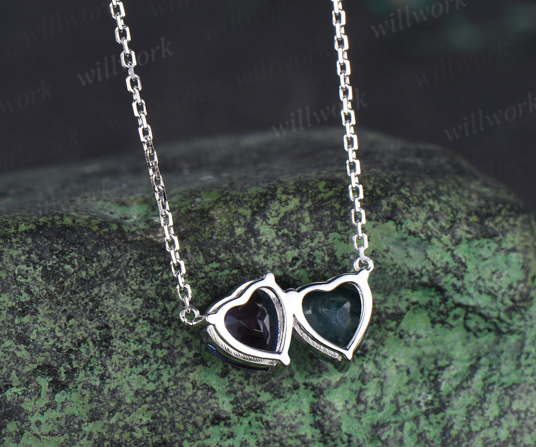 Heart cut moss agate & alexandrite Toi et Moi pendant necklace minimalist two stones pendant wedding anniversary gifts