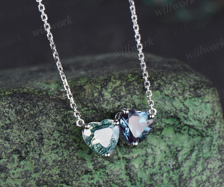 Heart cut moss agate & alexandrite Toi et Moi pendant necklace minimalist two stones pendant wedding anniversary gifts