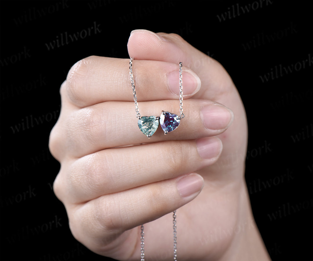 Heart cut moss agate & alexandrite Toi et Moi pendant necklace minimalist two stones pendant wedding anniversary gifts