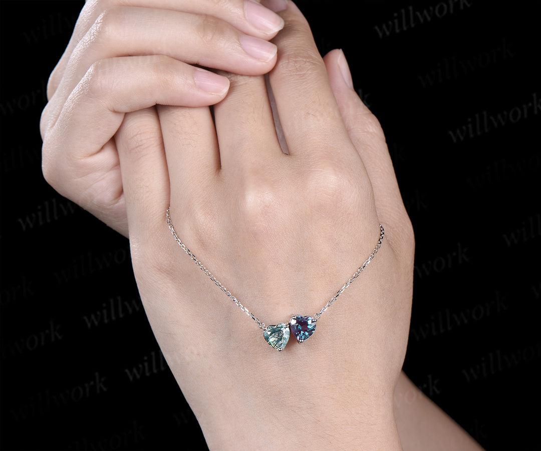 Heart cut moss agate & alexandrite Toi et Moi pendant necklace minimalist two stones pendant wedding anniversary gifts