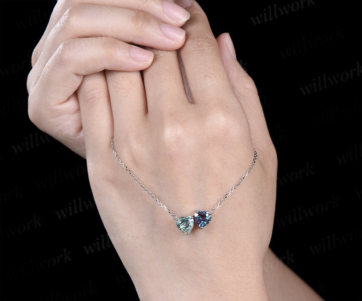 Heart cut moss agate & alexandrite Toi et Moi pendant necklace minimalist two stones pendant wedding anniversary gifts