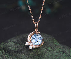 Vintage round natural aquamarine necklace solid rose gold cluster moon snowdrift diamond pendant women March birthstone gifts