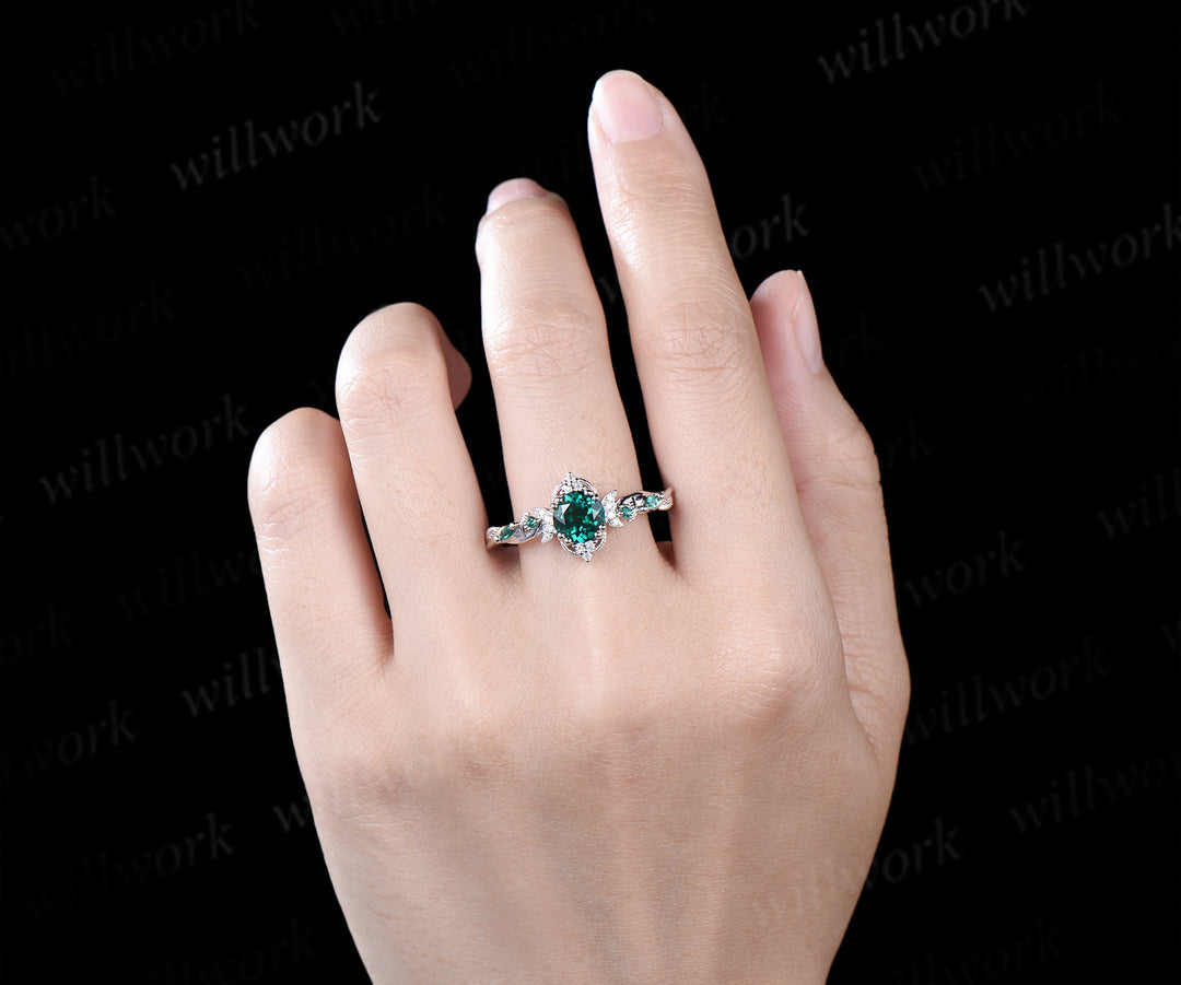 1ct round cut emerald engagement ring dainty moon diamond cluster ring nature-inspired leaf vines wedding ring May birthstone gifts